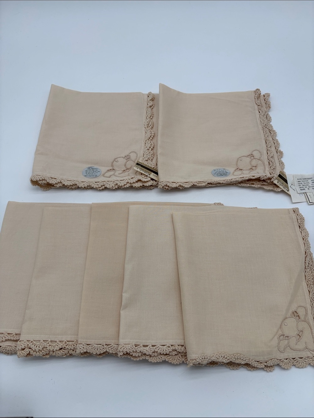 Vintage Deadstock Lot of 7 Cream Cotton Handmade Embroidery Lace Napkins 6x6
